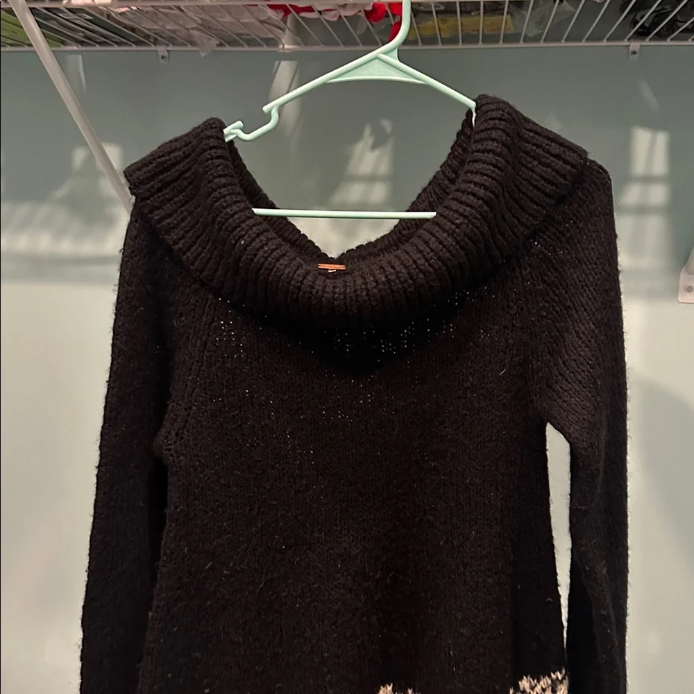 Free People Black and Cream Patterned Cowl Neck Sweater